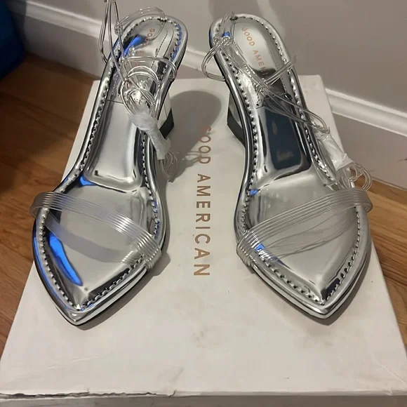 NIB Good American Silver Wedge Heels size 8.5